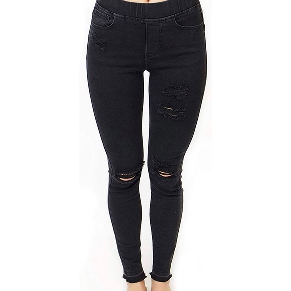 Grace & Lace Pants - Grace & Lace Black Distressed Pull On Jeggings